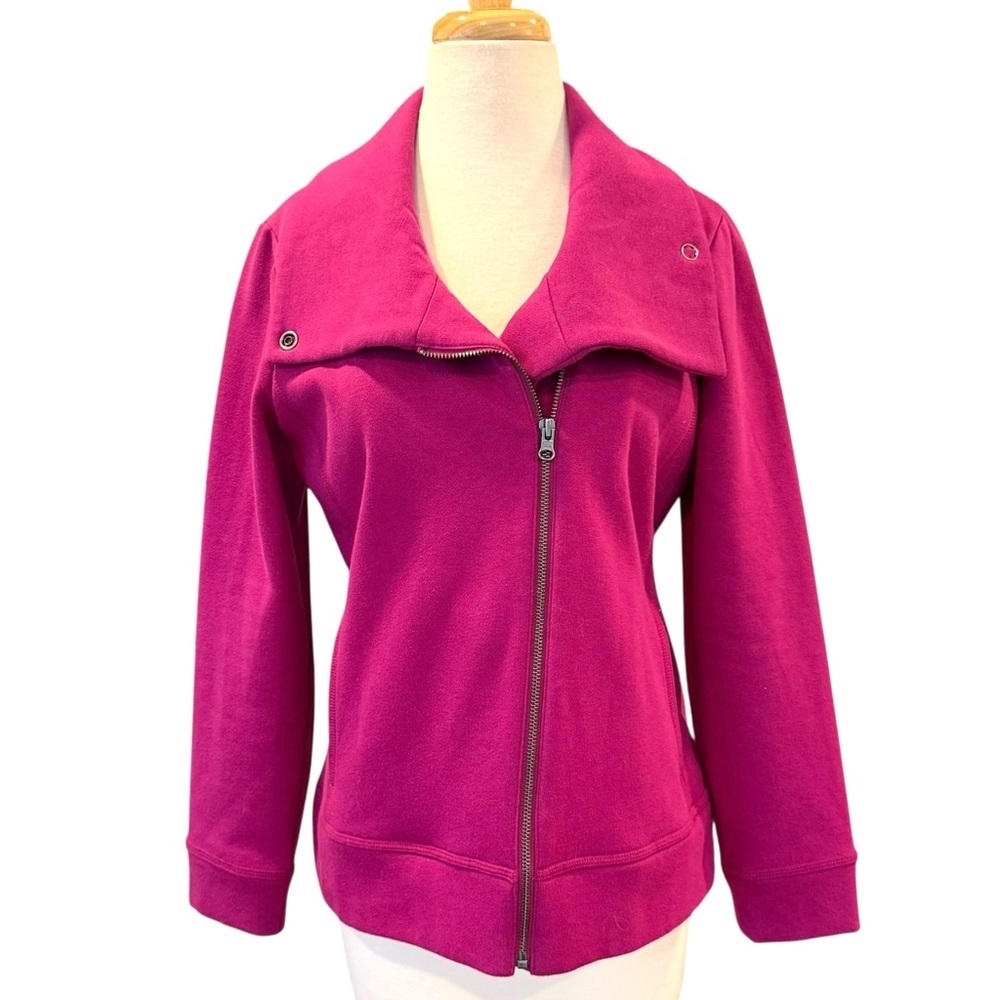 Talbots Petite Magenta Pink Asymmetrical Zip Fleece Moto Jacket Size MP